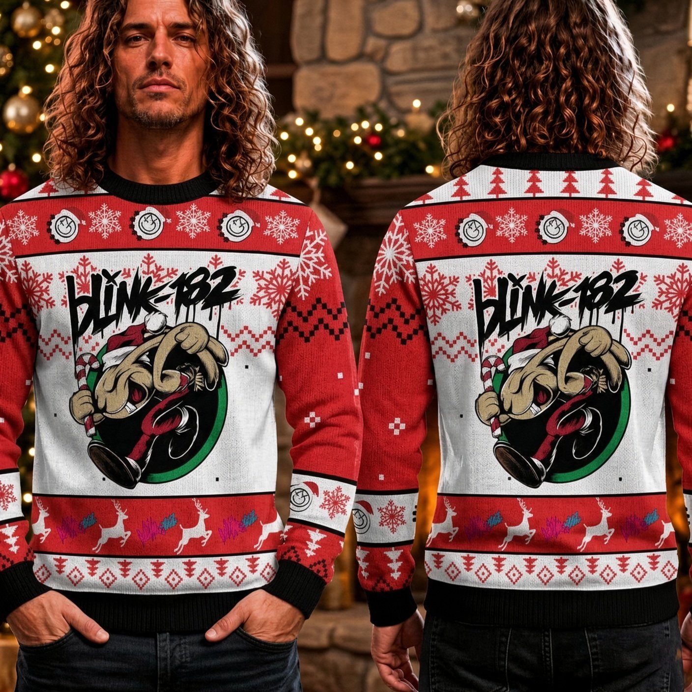 Blink-182 Bunny Mascot Running Ugly Christmas Sweater Blink-182 Fan Wear Holiday Gear