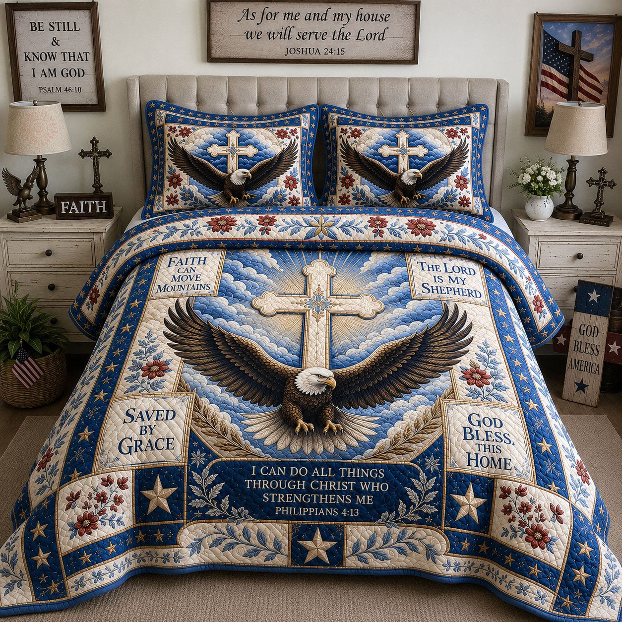 Strength in Christ Christian Quilted Bedding Set  250th USA Anniversary Duvet Covers Gift Idea