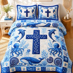 Ocean Bible Quilted Bedding Set Navy Blue Cross Duvet Covers Religious Ocean Lover Gift