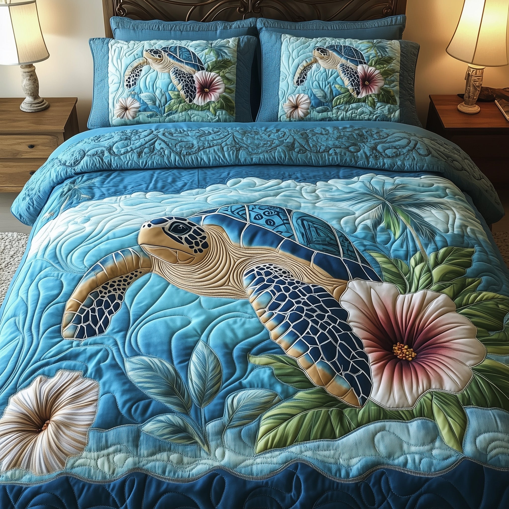 Tropical Turtle Dreams Quilted Bedding Set Ocean Hibiscus Flower Comforter Cover Hawaiian Decor