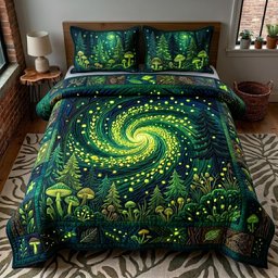 Whispering Pines Quilted Bedding Set Glowing Forest  Queen Size Quilt Mystic Bedroom Decor_