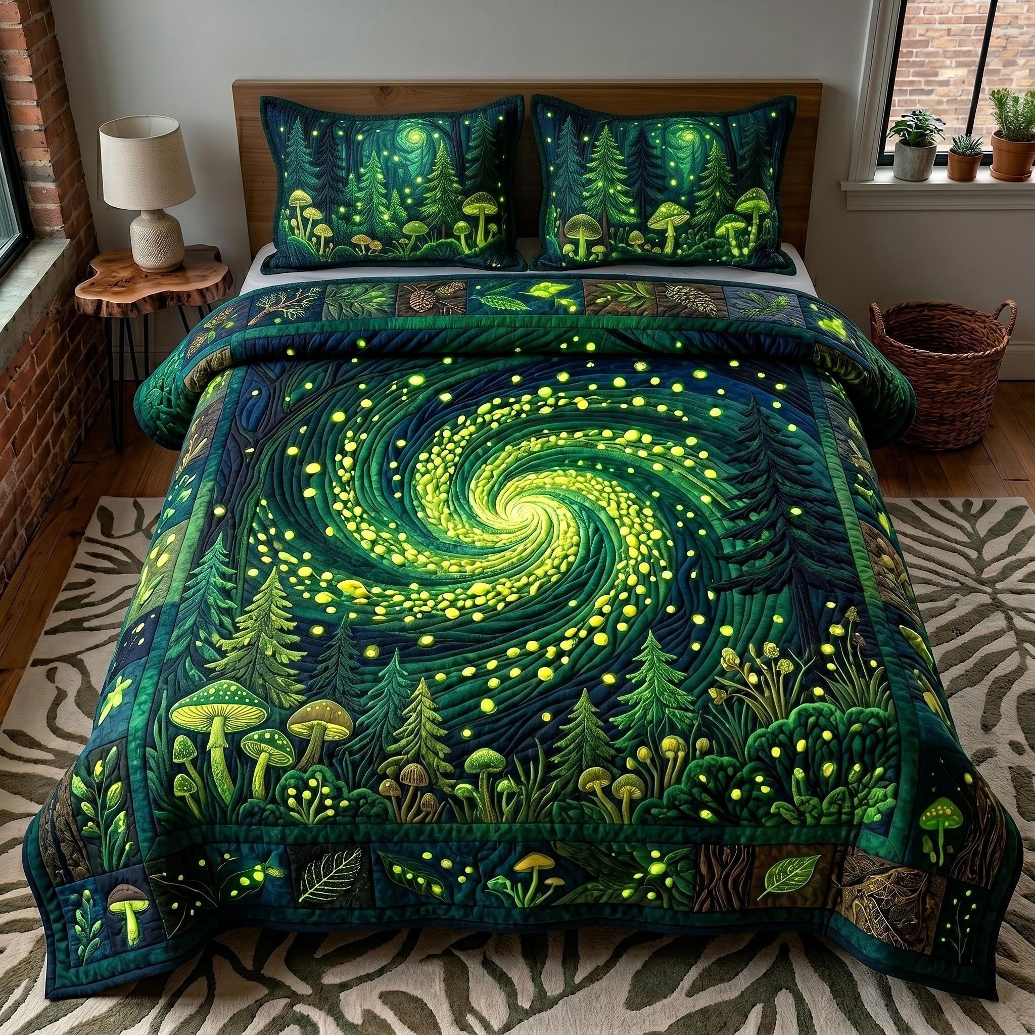 Whispering Pines Quilted Bedding Set Glowing Forest  Queen Size Quilt Mystic Bedroom Decor_