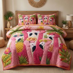 Tropical Flamingos Quilted Bedding Set Pink Flamingo Pineapple Duvet Covers Gift Idea