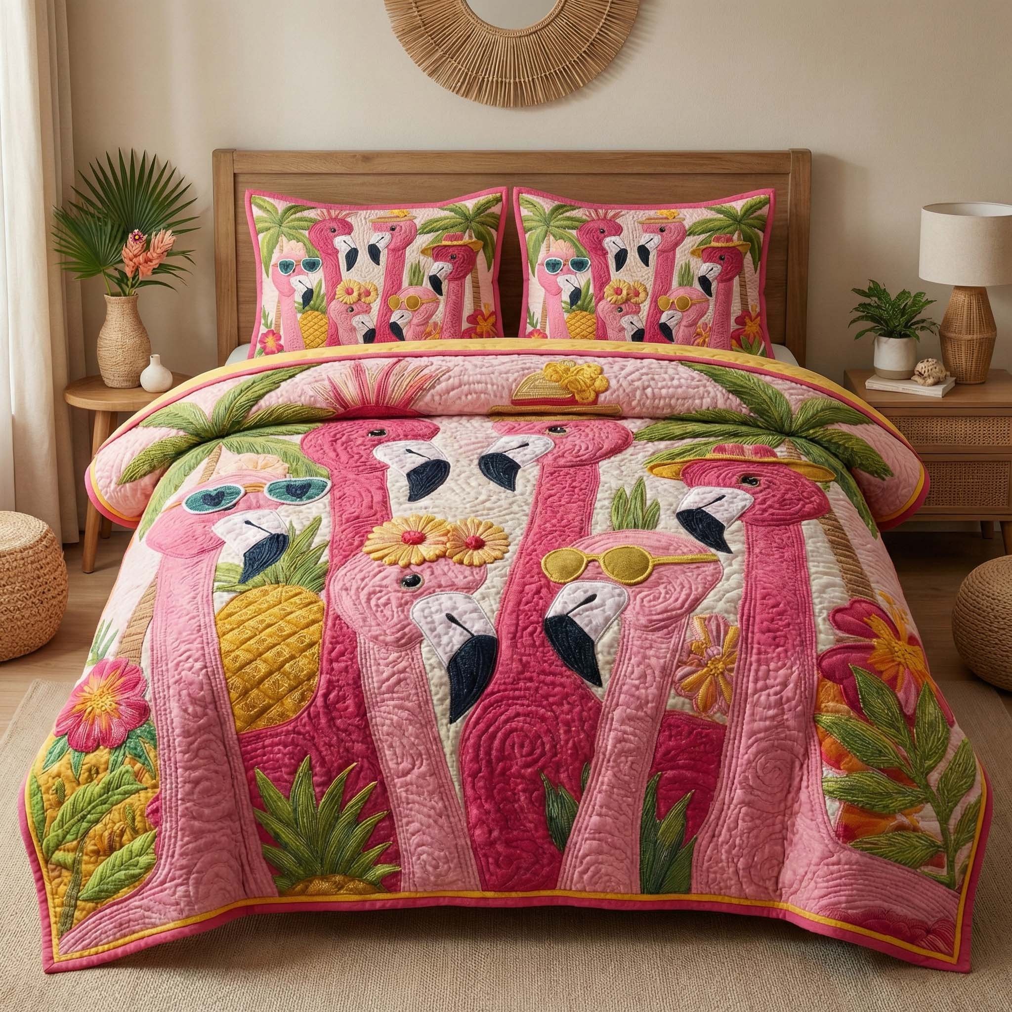 Tropical Flamingos Quilted Bedding Set Pink Flamingo Pineapple Duvet Covers Gift Idea