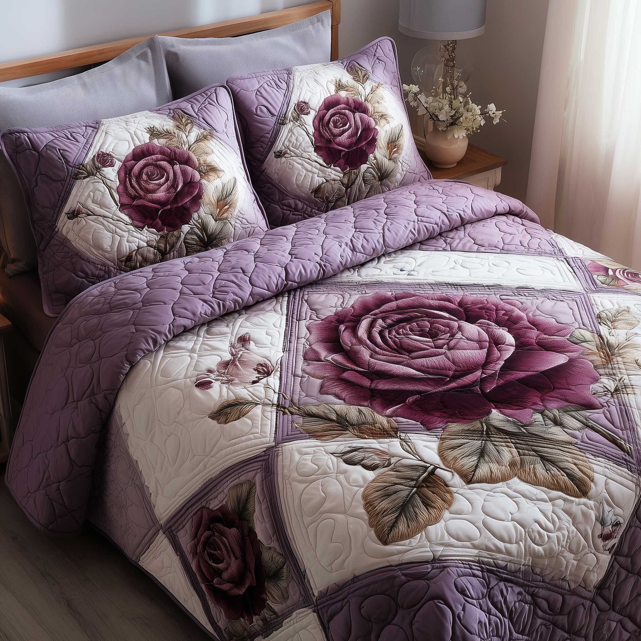 Rose Garden Quilted Bedding Set Vintage Purple Rose Twin Duvet Covers Floral Lover Gifts