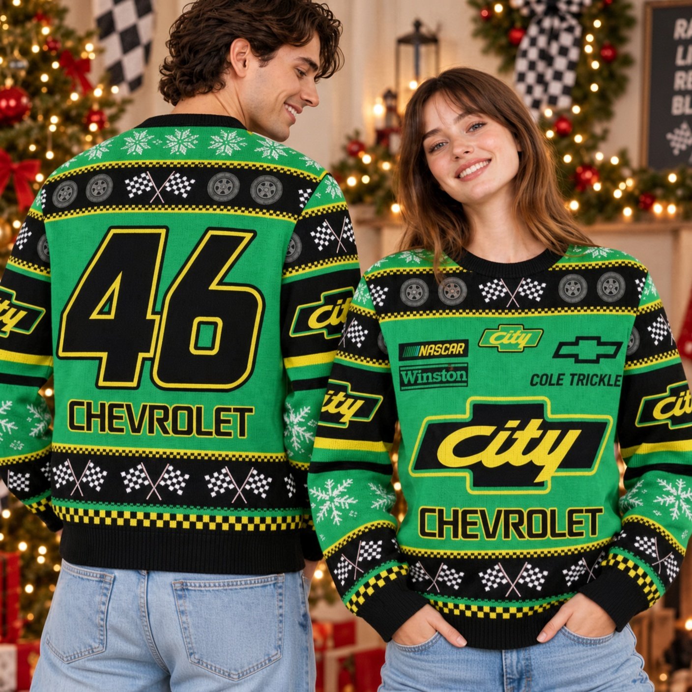 NASCAR Cole Trickle 46 City Chevrolet Winston Racing Ugly Xmas Sweater Racing Xmas Gear