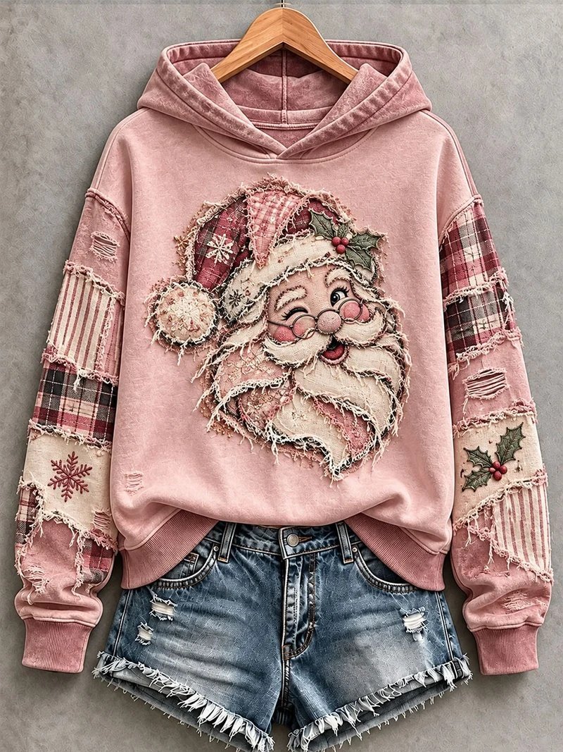 Pink Santa Hoodie Women_s Vintage Holiday Xmas Clothing Gifts For Girlfriend