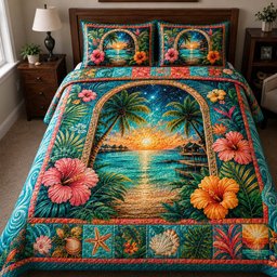 Tropical Sunset Quilted Bedding Set Ocean Beach Sunrise Comforter Cover Husband Gifts