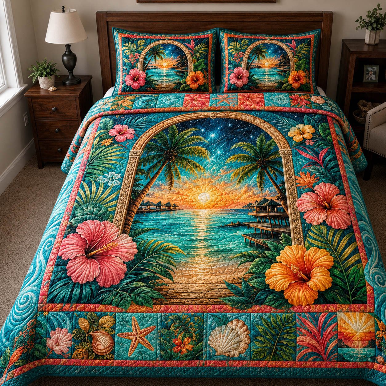 Tropical Sunset Quilted Bedding Set Ocean Beach Sunrise Comforter Cover Husband Gifts