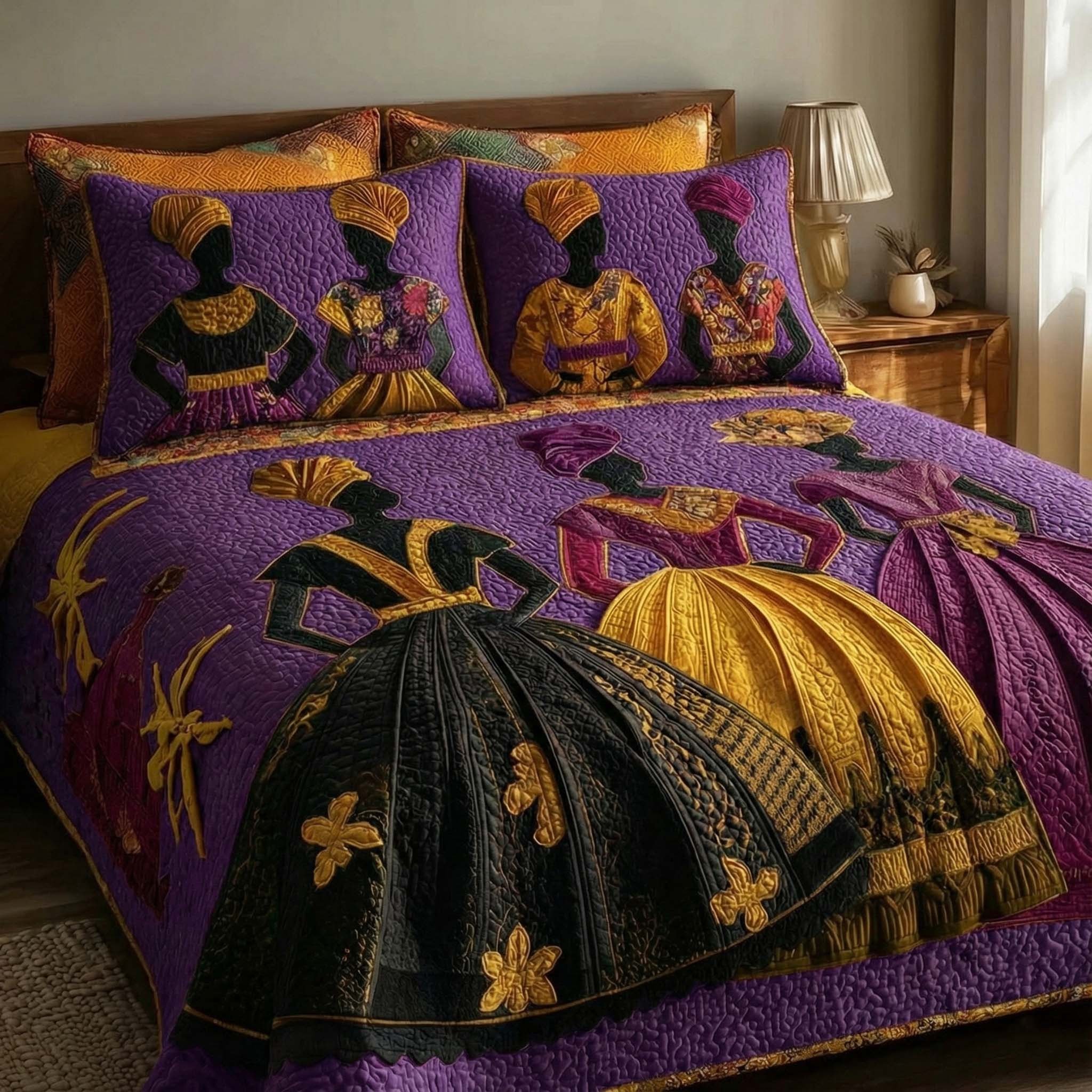 Soulbound Roots Quilted Bedding Set Purple Gold Afro Comforter Sets African Gifts