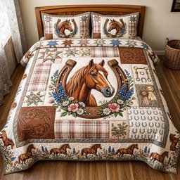 Western Soul Quilted Bedding Set Cowboy Horseshoe Comforter Cover Husband Gifts