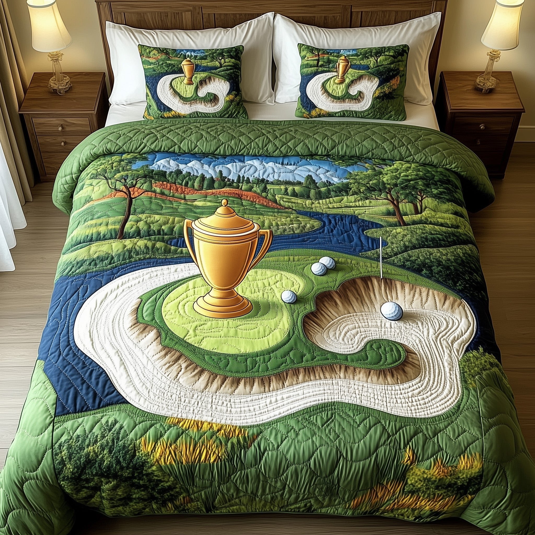 Trophy Dreams Quilted Bedding Set  Gold Trophy Dreams Comforter Cover Golf Lover Gift
