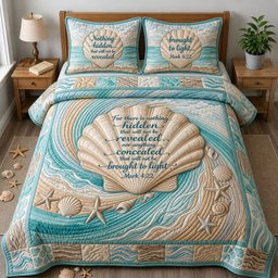 Seashell Bible Quote Quilted Bedding Set Coastal Typography Comforter Cover Husband Gifts