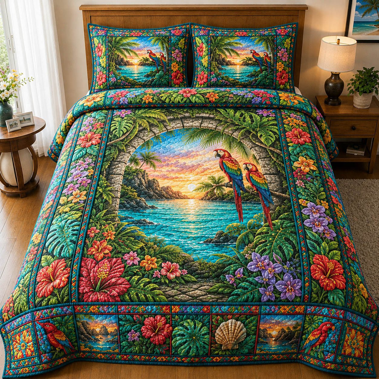 Tropical Beach Quilted Bedding Set Ocean Sunset Comforter Cover Grandma Gifts