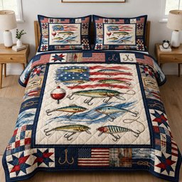Patriotic Fishing Quilted Bedding Set 4th Of July Fisherman Decor Gift For Men