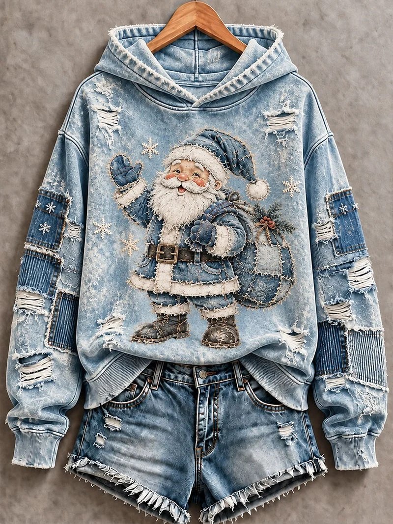 Santa Print Casual Hoodie Women_s Holiday Xmas Apparel Best Gifts For Grandma