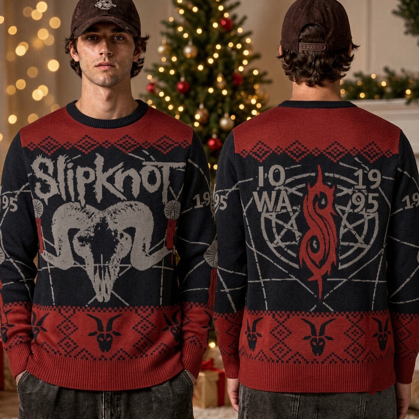 Slipknot Heavy Metal Ram Skull And Iowa 1995 Ugly Christmas Sweater Slipknot Xmas Wear