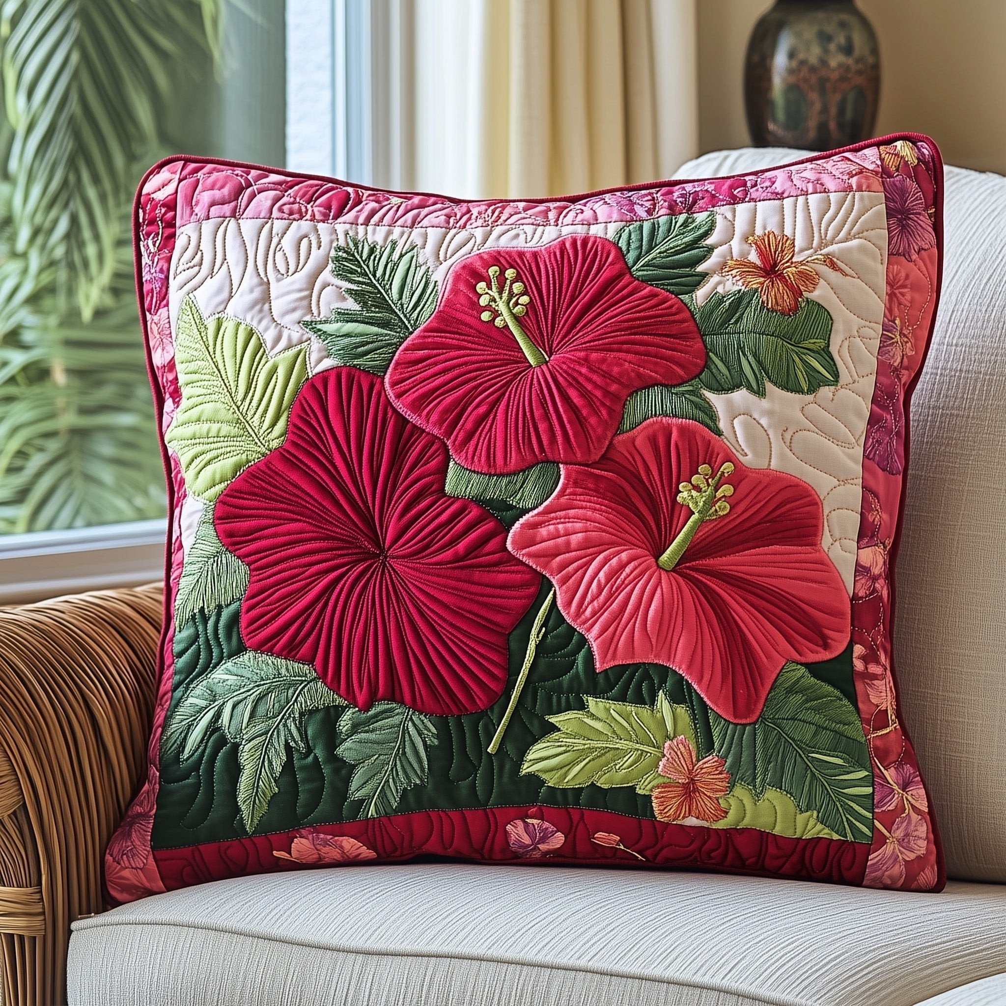 Hibiscus Charm Quilted Pillow Case Colorful Throw Pillows Gifts For Girlfriend