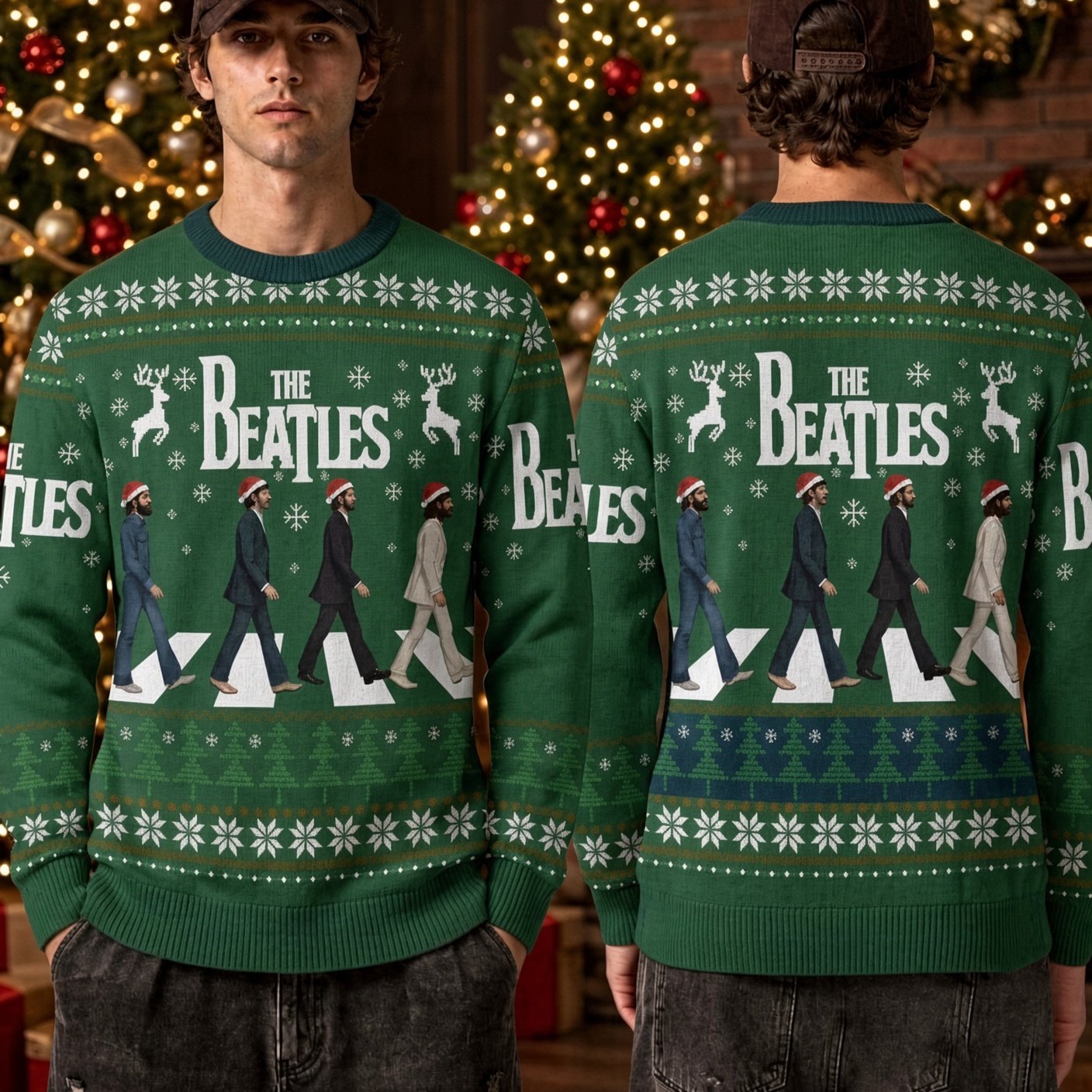 The Beatles Abbey Road Santa Hat Xmas Crosswalk Ugly Christmas Sweater Beatles Wear