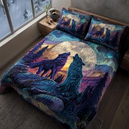 Moonbound Mates Quilted Bedding Set Fantasy Wolf Moon Best Duvet Covers Gift Idea