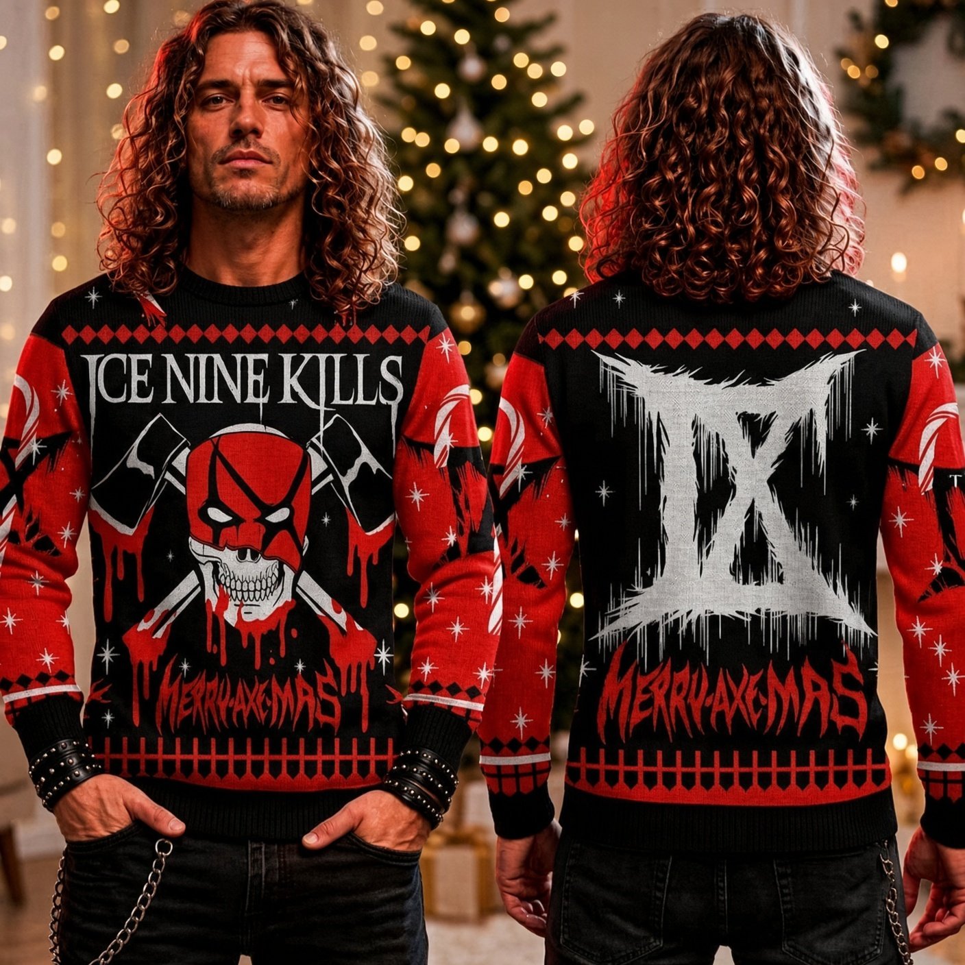 Ice Nine Kills Merry Axe-Mas Ugly Christmas Sweater Ice Nine Kills Band Xmas Clothing