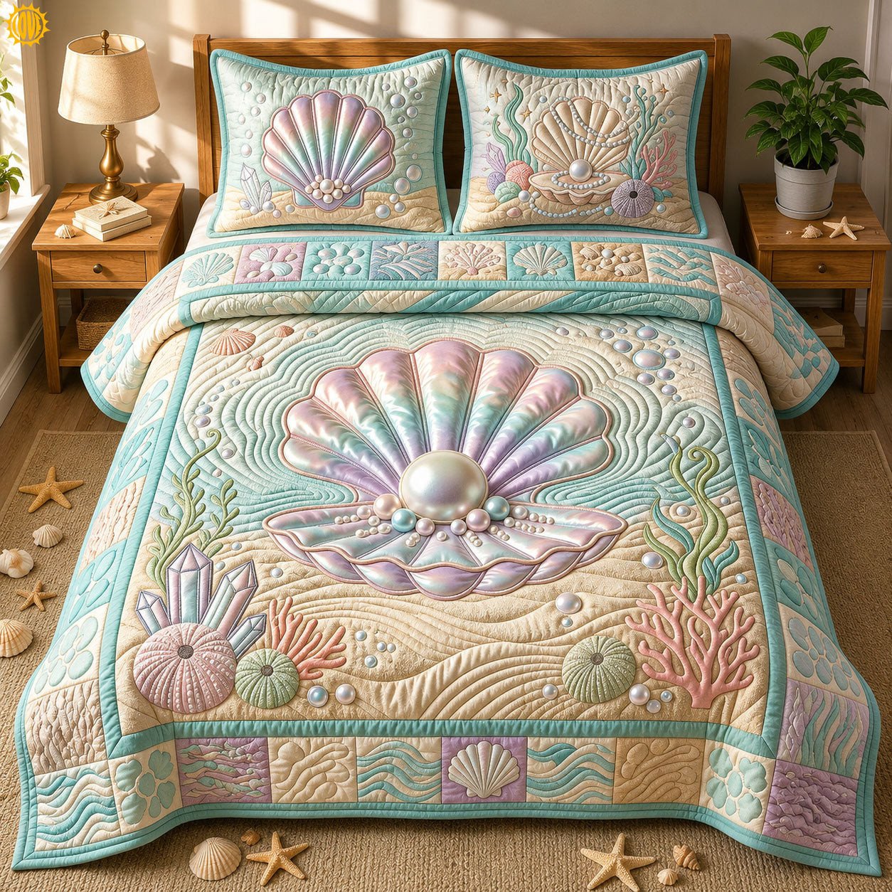 Seashell Treasures Quilted Bedding Set Pastel Coastal Comforter Cover Gift For Girlfriend