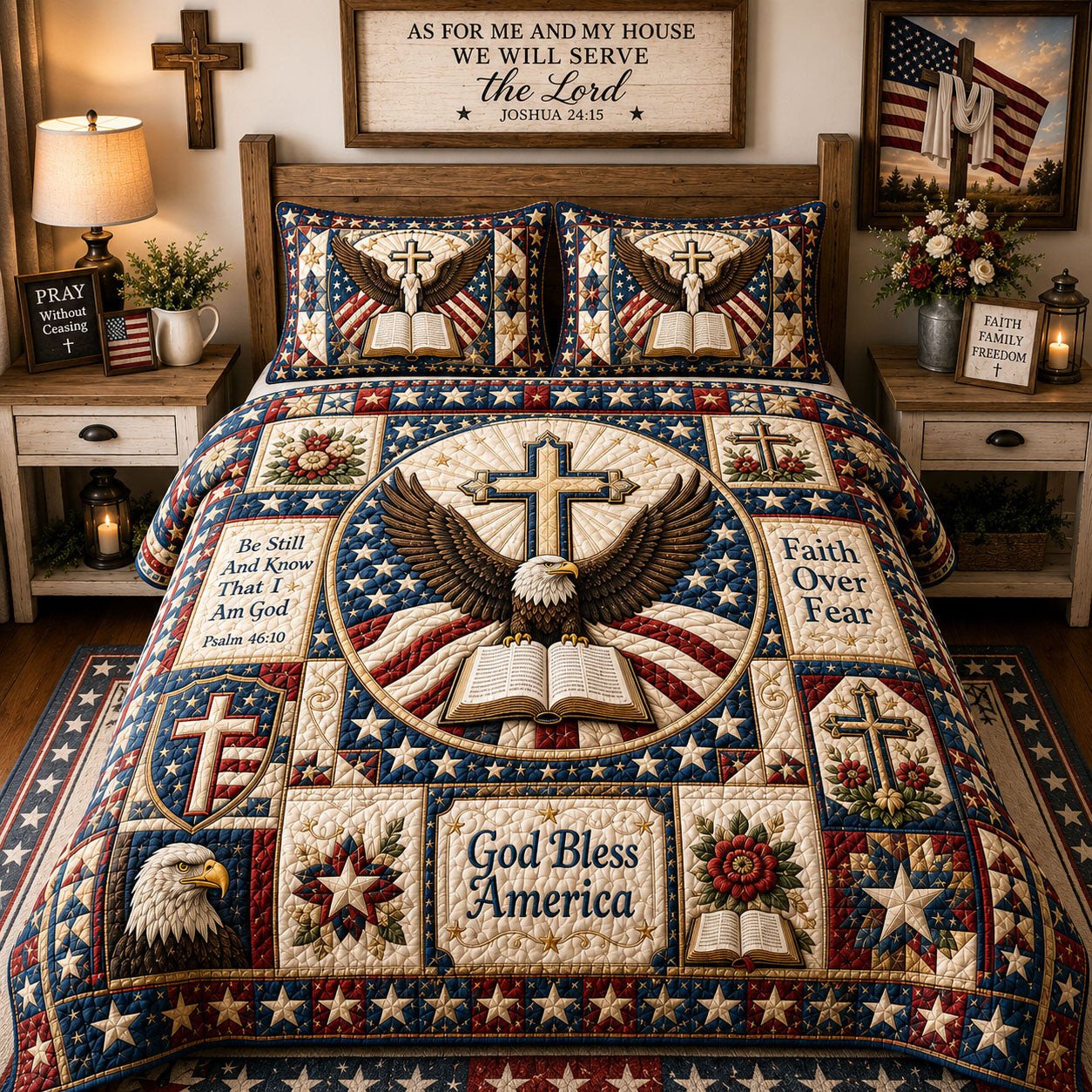 God Bless America Christian Quilted Bedding Set Faith Bedding Set Patriotic Gifts