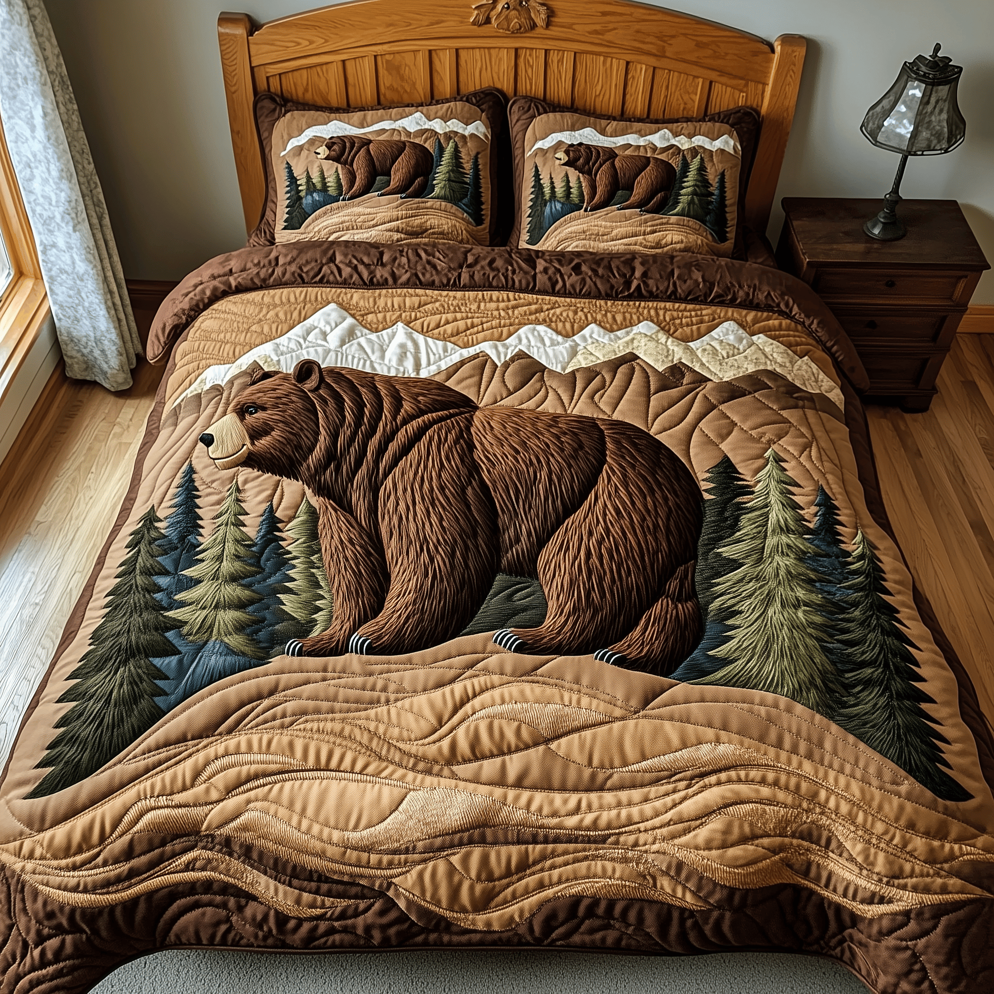 Wild Bear Quilted Bedding Set Mountain Cabin Duvet Covers Farmhouse Country Gifts_