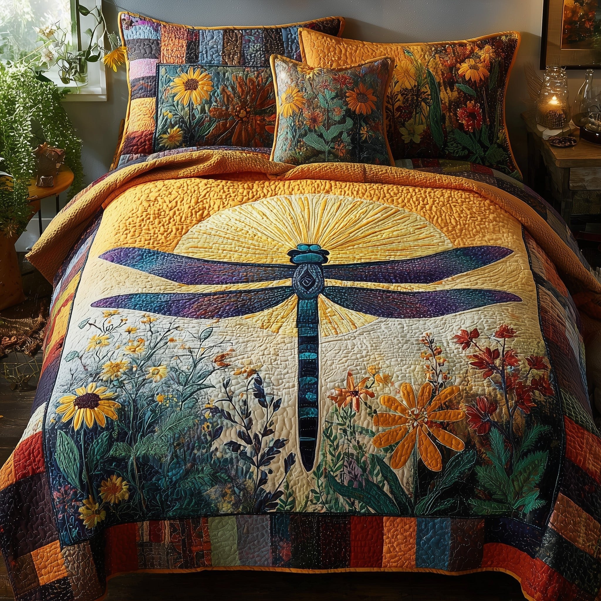 Dragonfly Glow Quilted Bedding Set Aesthetic Room Ideas Gifts For Women