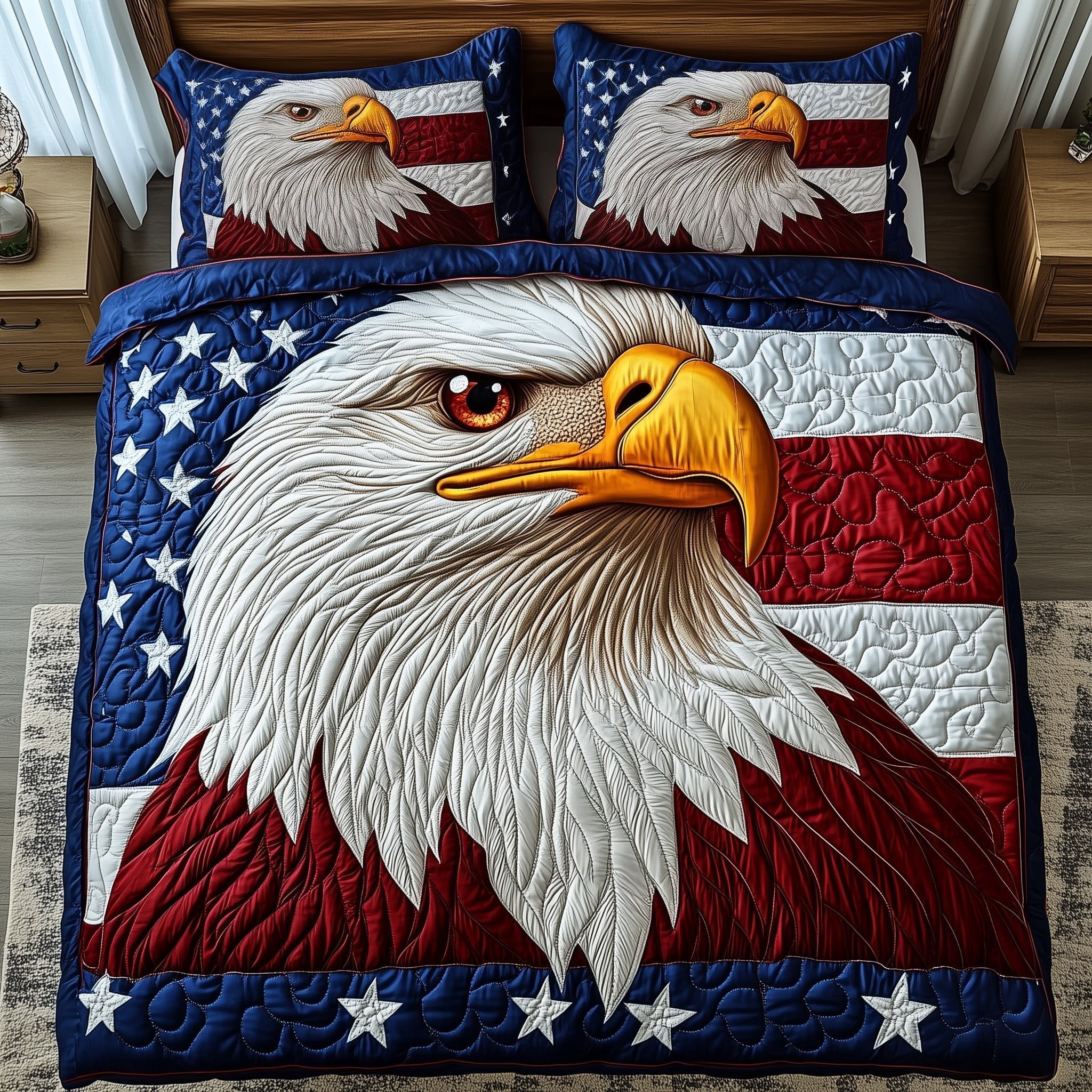Patriot Eagle Quilted Bedding Set Independence Day Decor 4th Of July Gifts