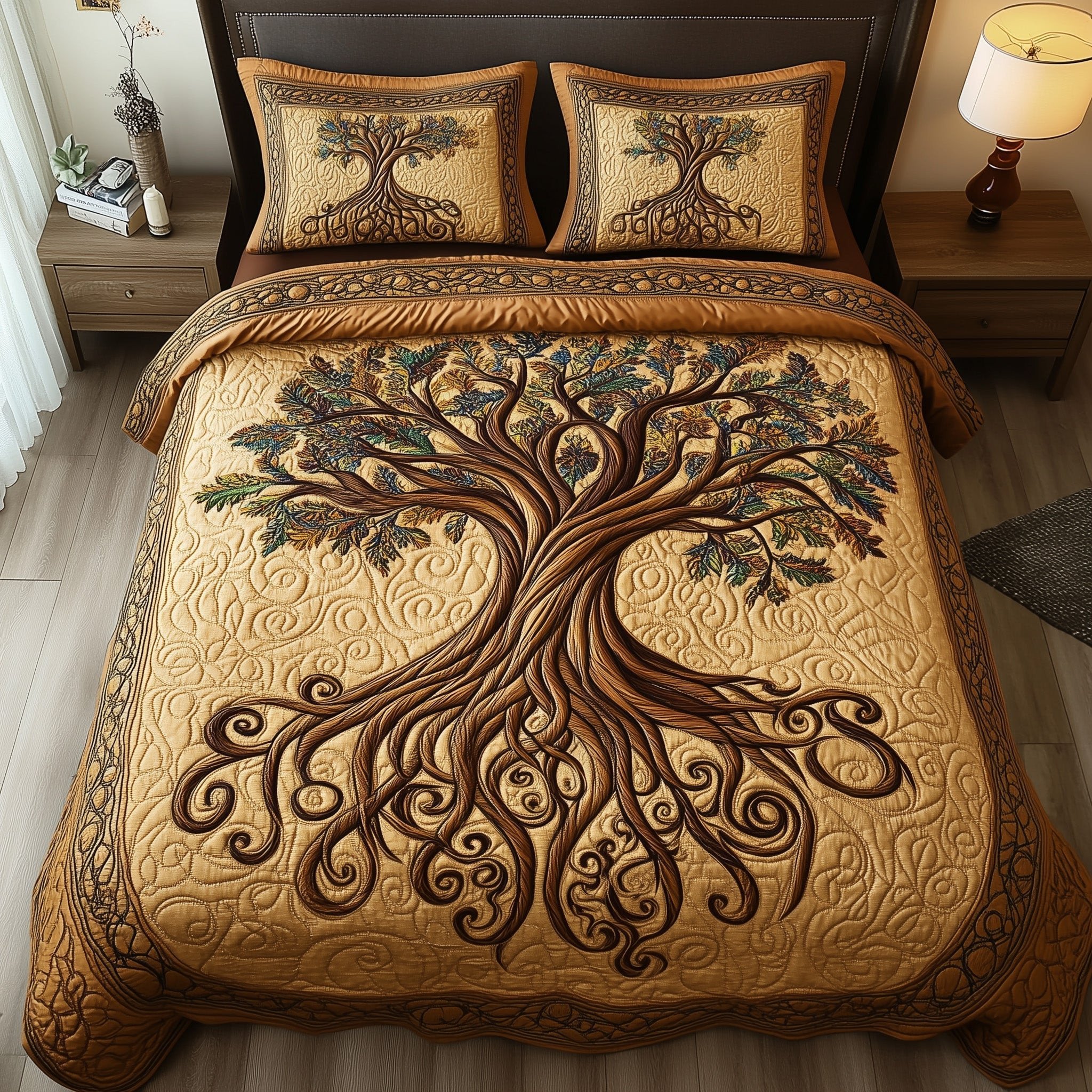 Rooted Harmony Quilted Bedding Set Celtic Tree Of Life Full Size Sheets Gift For Her