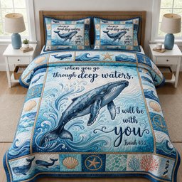 Whale Deep Waters Quilted Bedding Set Ocean Life Bedspreads King Nautical Lover Gifts