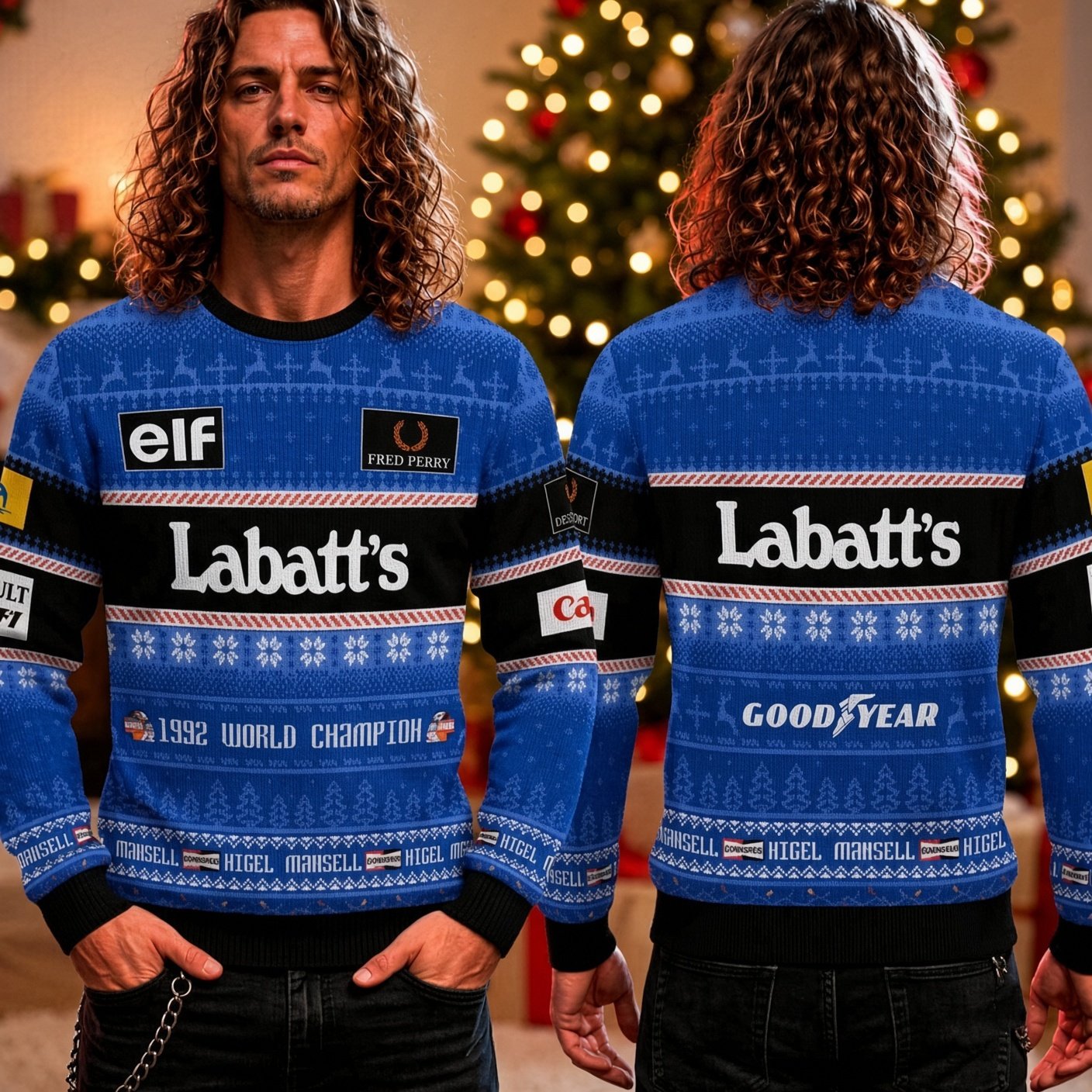 Nigel Mansell F1 1992 World Champion Labatt_s Goodyear Ugly Xmas Sweater F1 Xmas Gear