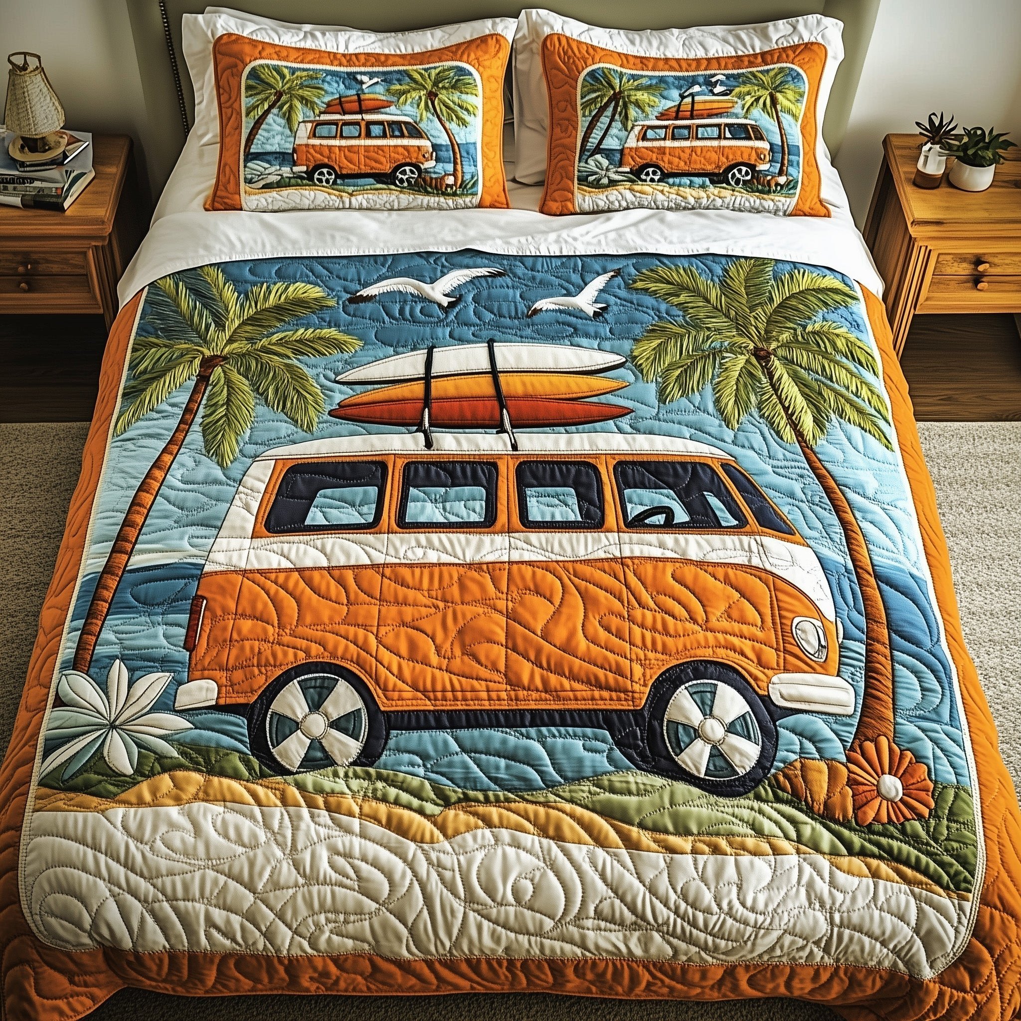 Hippie Van Quilted Bedding Set Coastal Summer Best Duvet Covers Gift For Mom