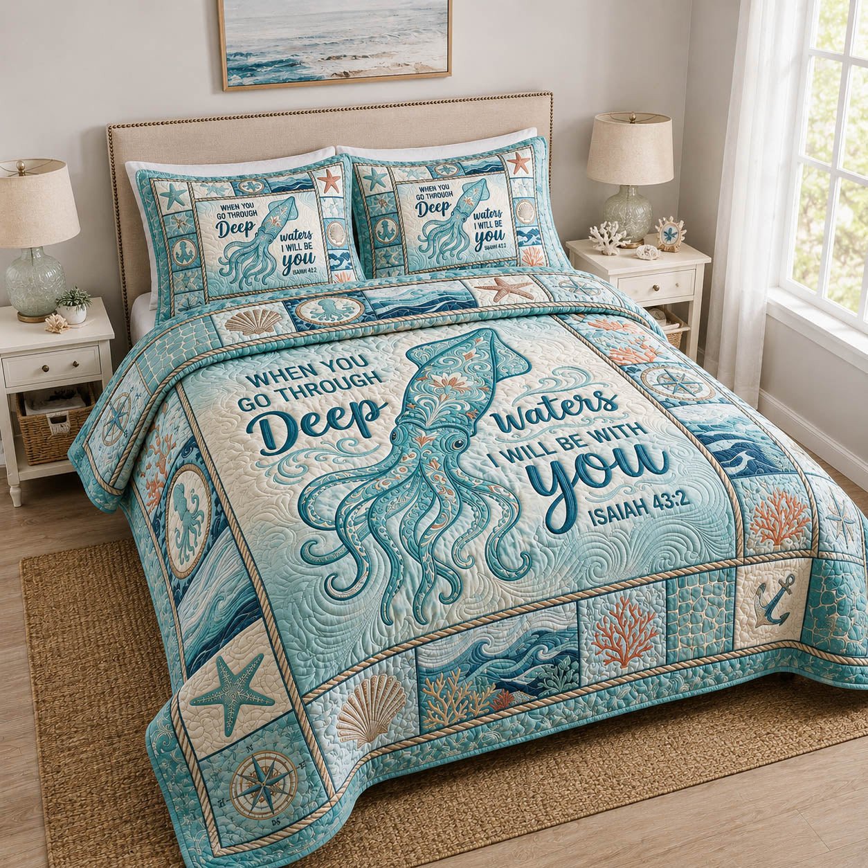 Faith Ocean Quilted Bedding Set When You Go Through Deep Bedroom Decor Jesus Lover Gift