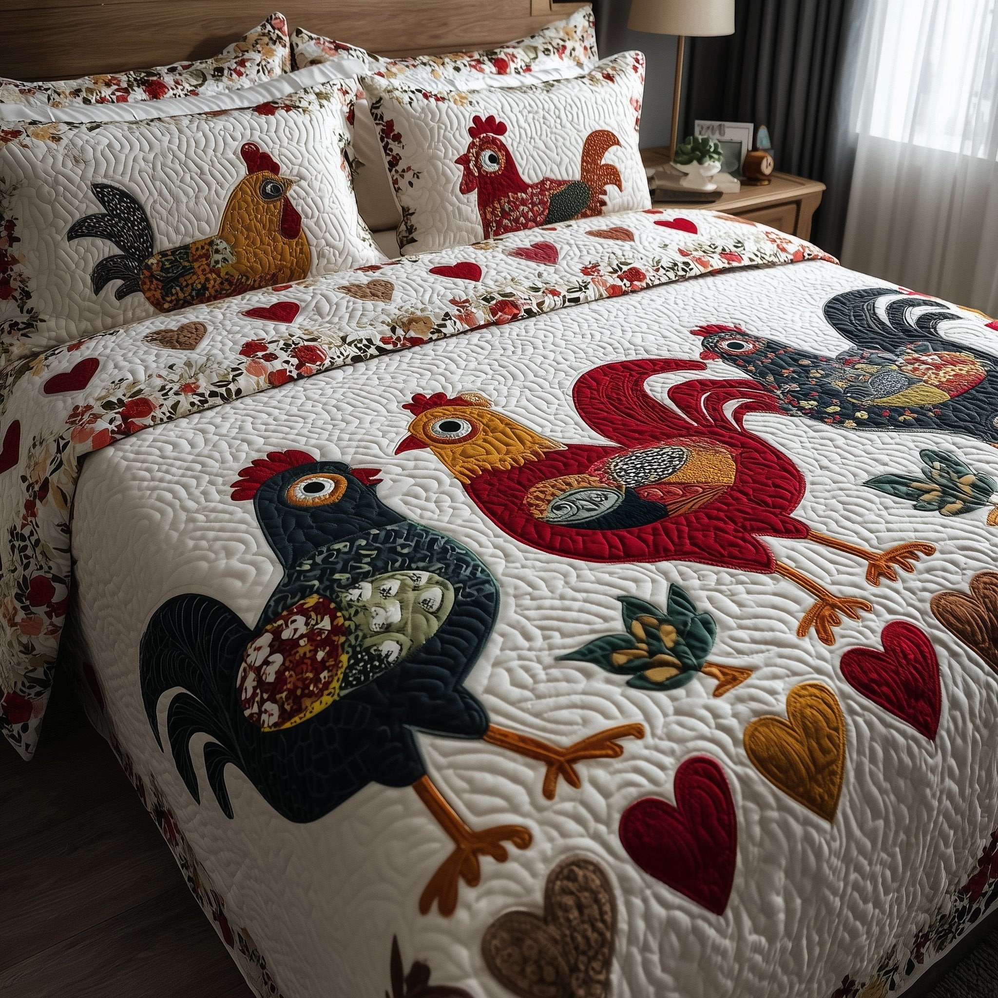 Funky Chicken Quilted Bedding Set Chicken Picture Bedroom Decor Chicken Lover Gift