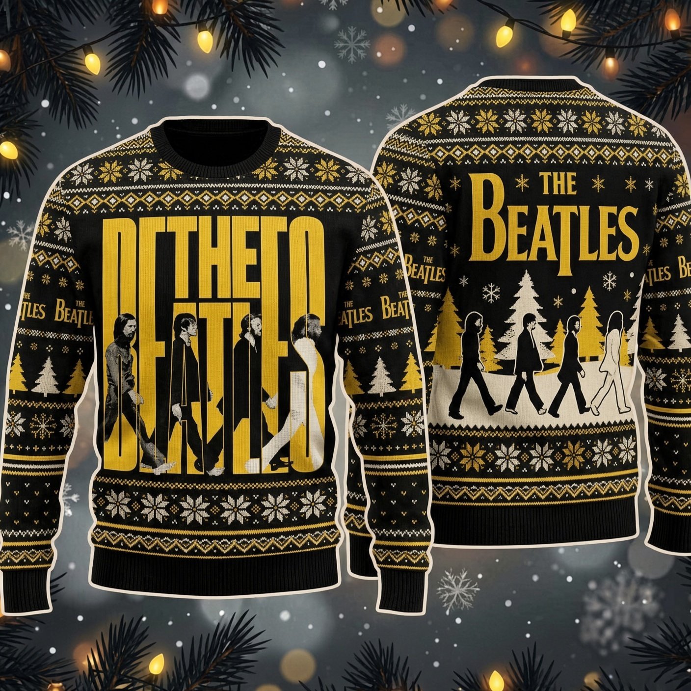 The Beatles Band Walking Silhouettes Ugly Christmas Sweater Beatles Holiday Gear