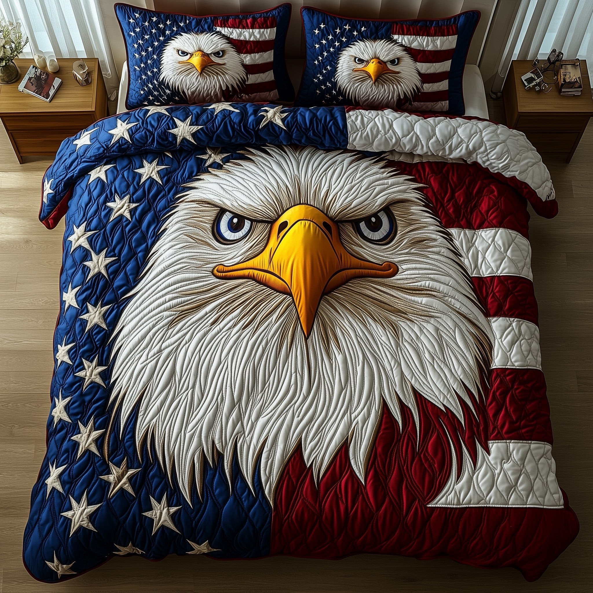 Patriot Eagle Quilted Bedding Set 4th Of July Comforter Sets Gift For Husband