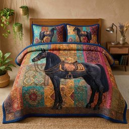Midnight Stallion Quilted Bedding Set Cowboy Horse Duvet Covers Gift For Men