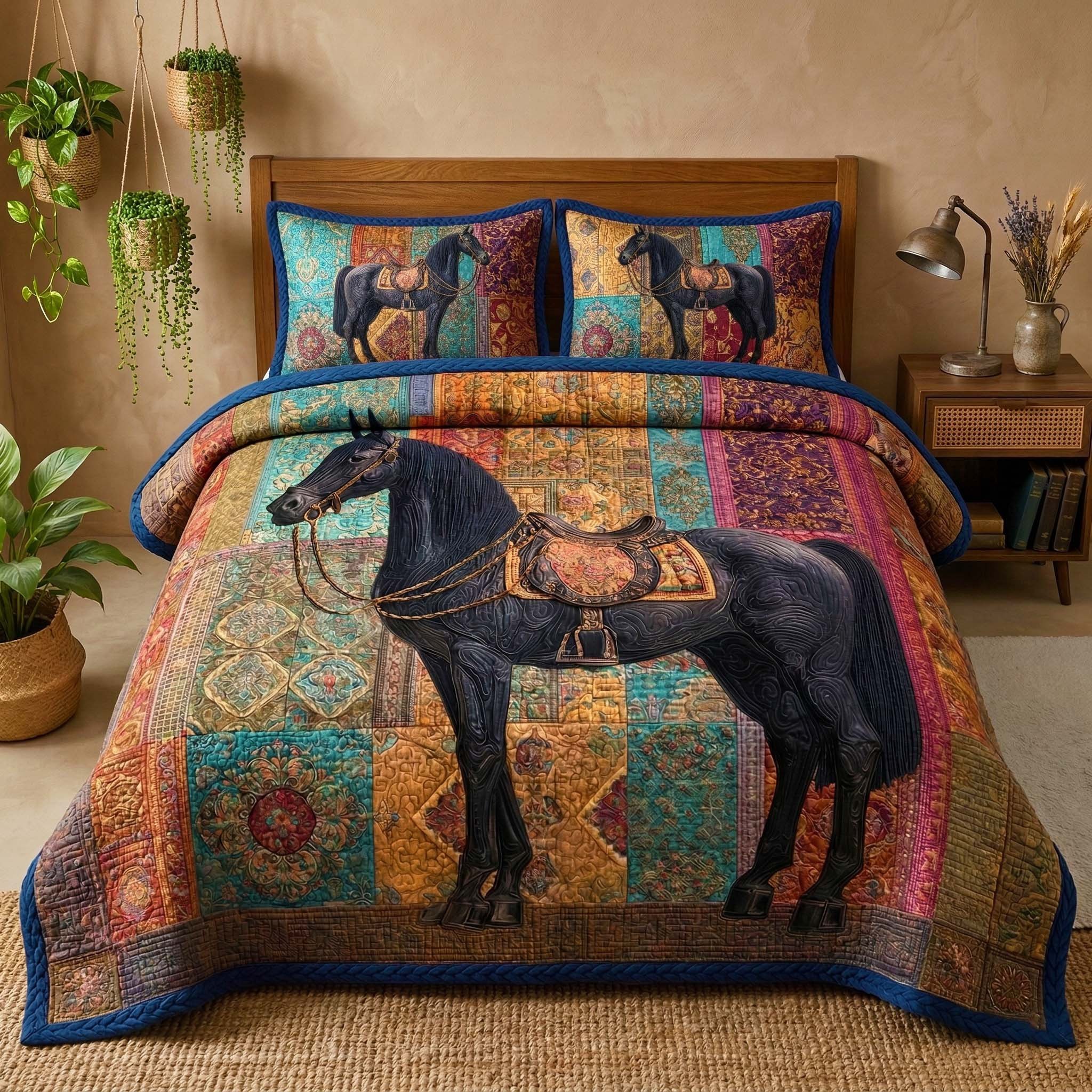 Midnight Stallion Quilted Bedding Set Cowboy Horse Duvet Covers Gift For Men