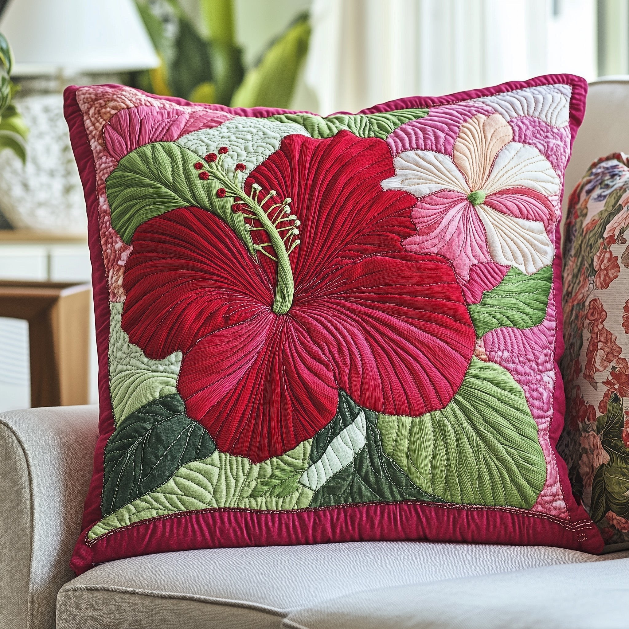 Hibiscus Charm Quilted Pillow Case Colorful Throw Pillows Gift For Mom