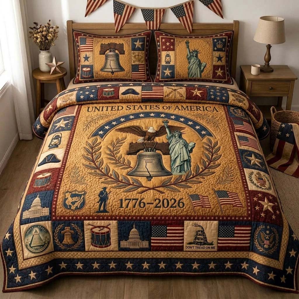 Patriot Unity Emblem Quilted Bedding Set  1776-2026 Statue Of Liberty Decor Patriotic Gift