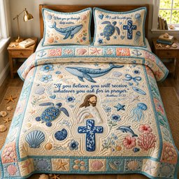 Ocean Bible Quote Quilted Bedding Set Jesus Walking On Water Duvet Covers Gift For Him