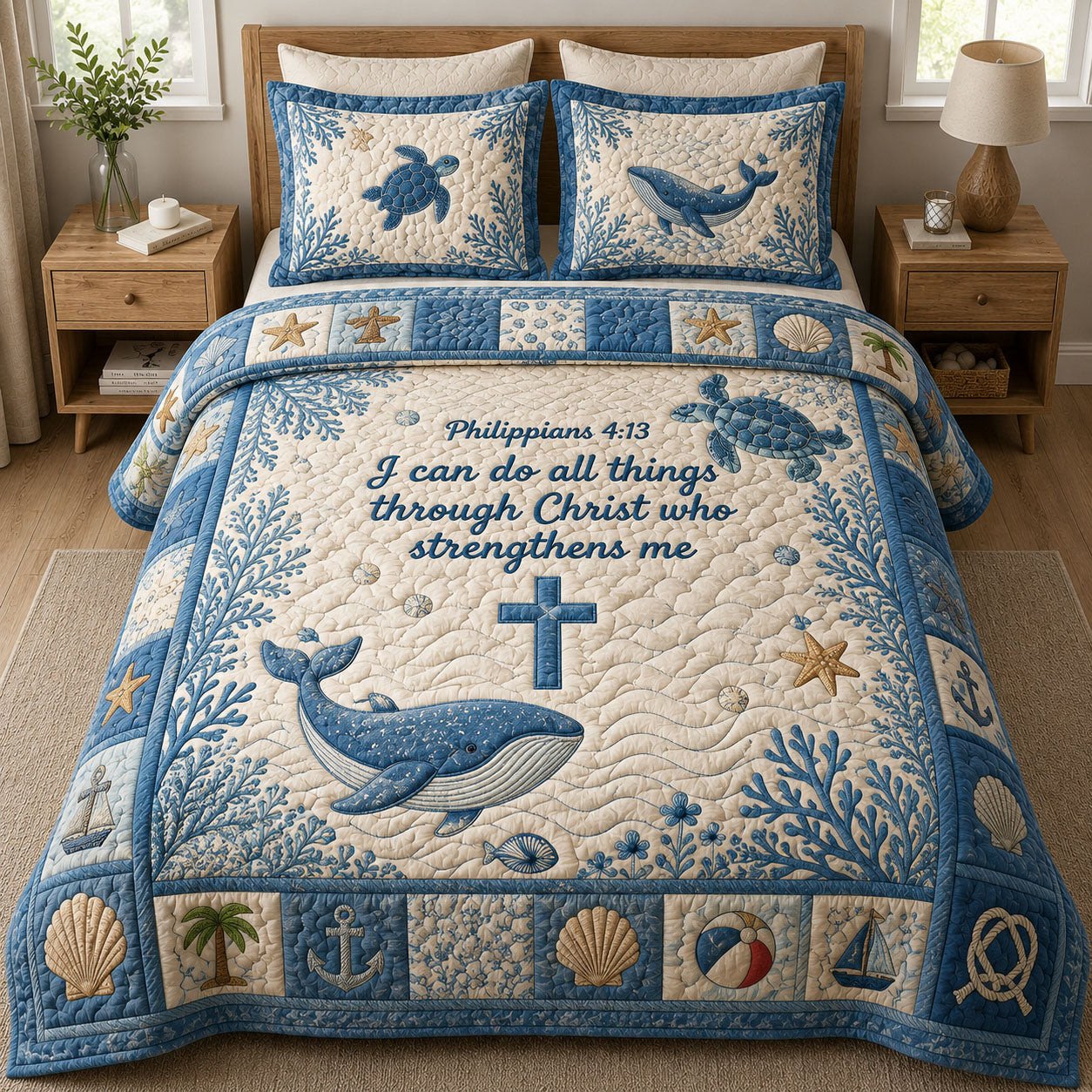 Ocean Bible Quote Quilted Bedding Set Philippians 4 13 Bedding Set Gift For Him