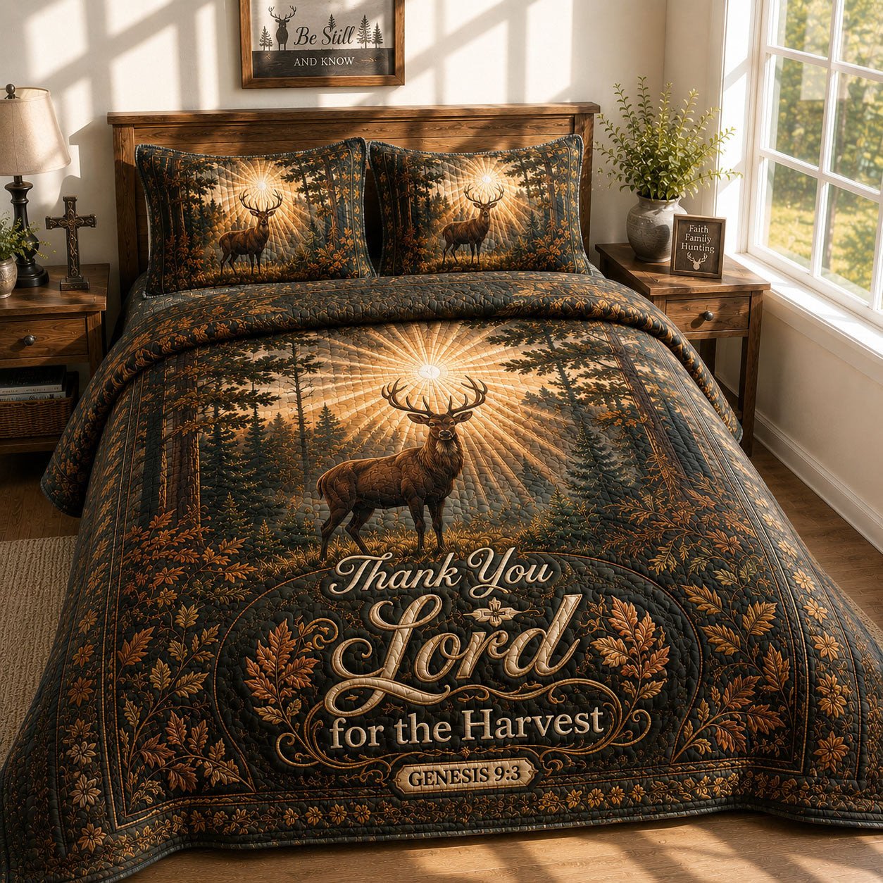 Thank You Lord For The Harvest Deer Quilted Bedding Set Christian Faith Deer Bedding Gifts