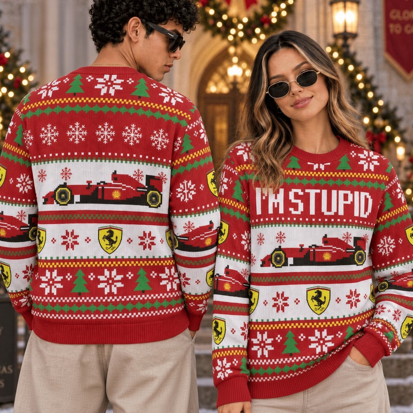 Ferrari F1 Racing Car And I_m Stupid Ugly Christmas Sweater Racing Xmas Clothing