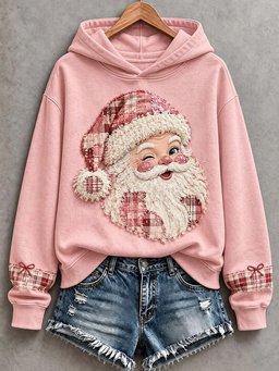 Pink Santa Patchwork Art Hoodie Women_s Vintage Holiday Xmas Clothes Gifts For Her