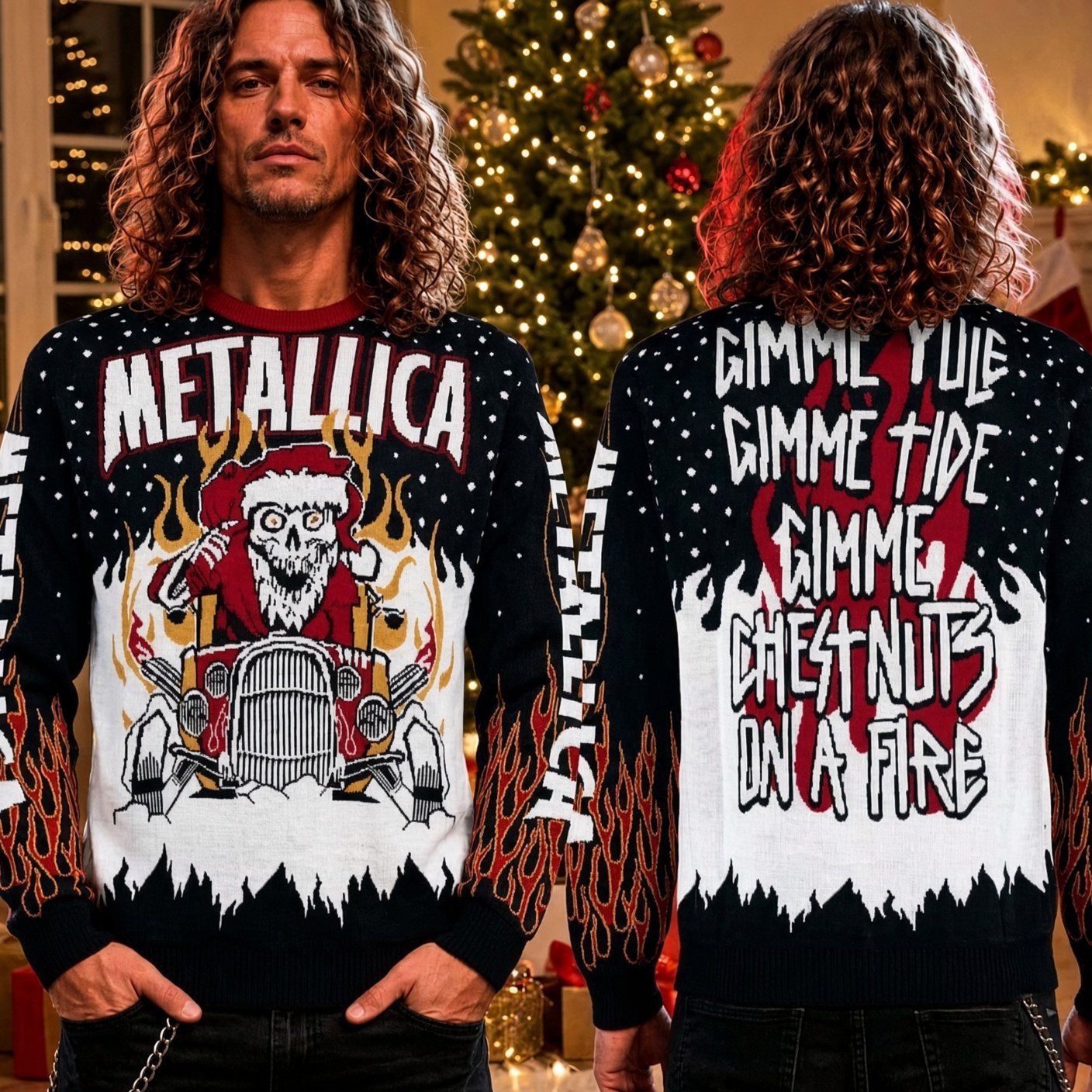 Metallica Santa Skull Hot Rod Gimme Yule Fire Ugly Christmas Sweater Metallica Clothes_