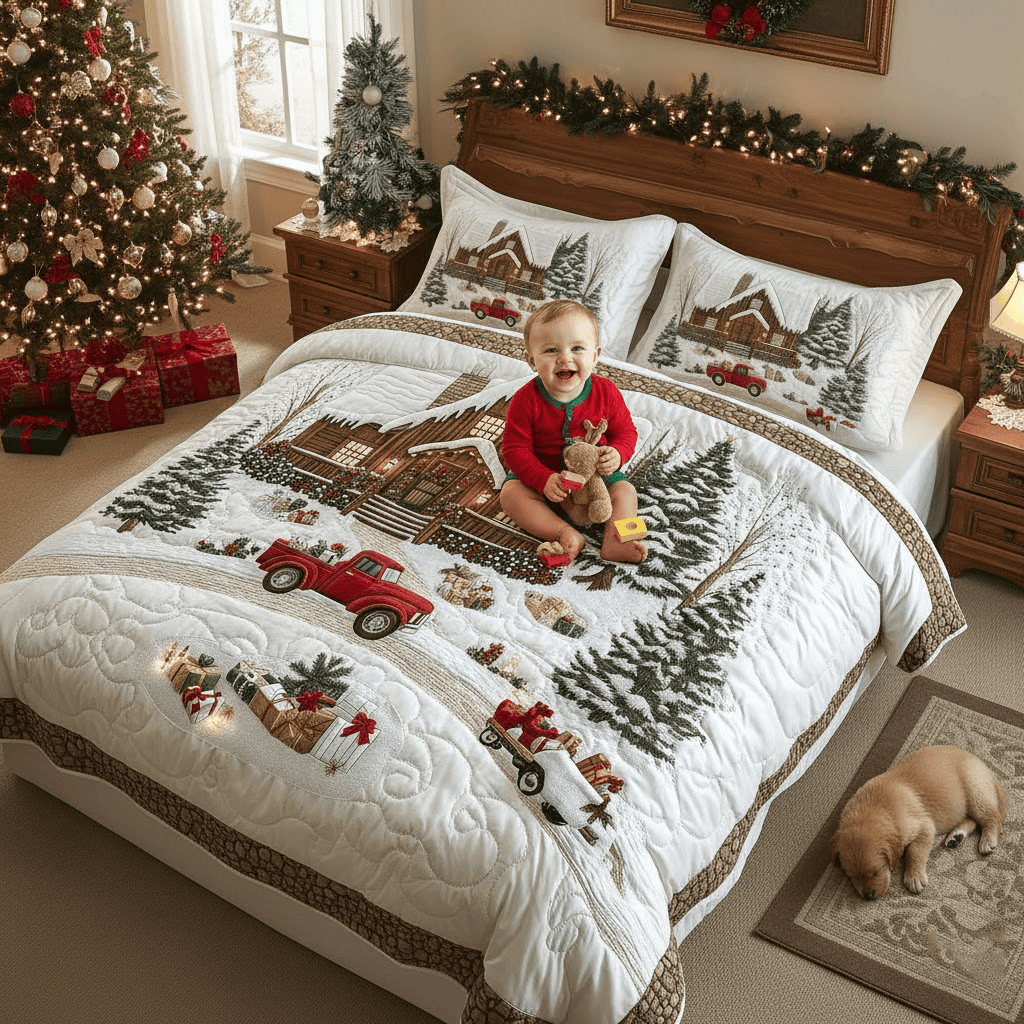 Peaceful Snow Cabin Quilted Bedding Set Cozy Winter Cabin Duvet Covers Holiday Gifts