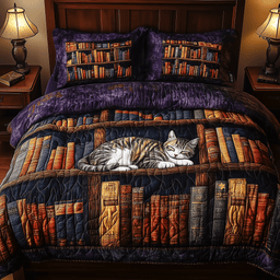 Vintage Cat Bookshelf Quilted Bedding Set Library Bookcase Comforter Sets Gift Idea